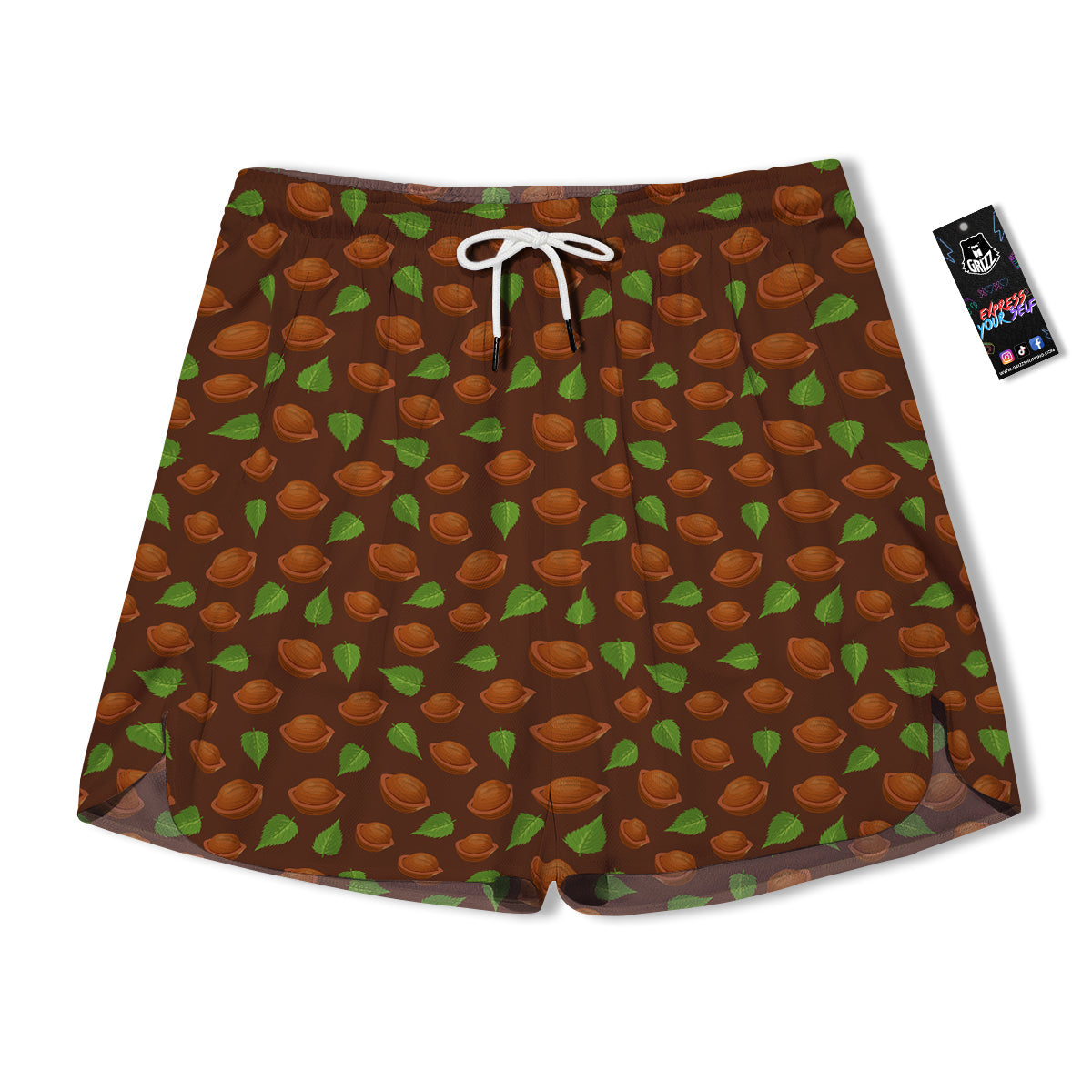 Brown Hazelnuts And Green Leaf Print Pattern Men's Running Shorts-grizzshop