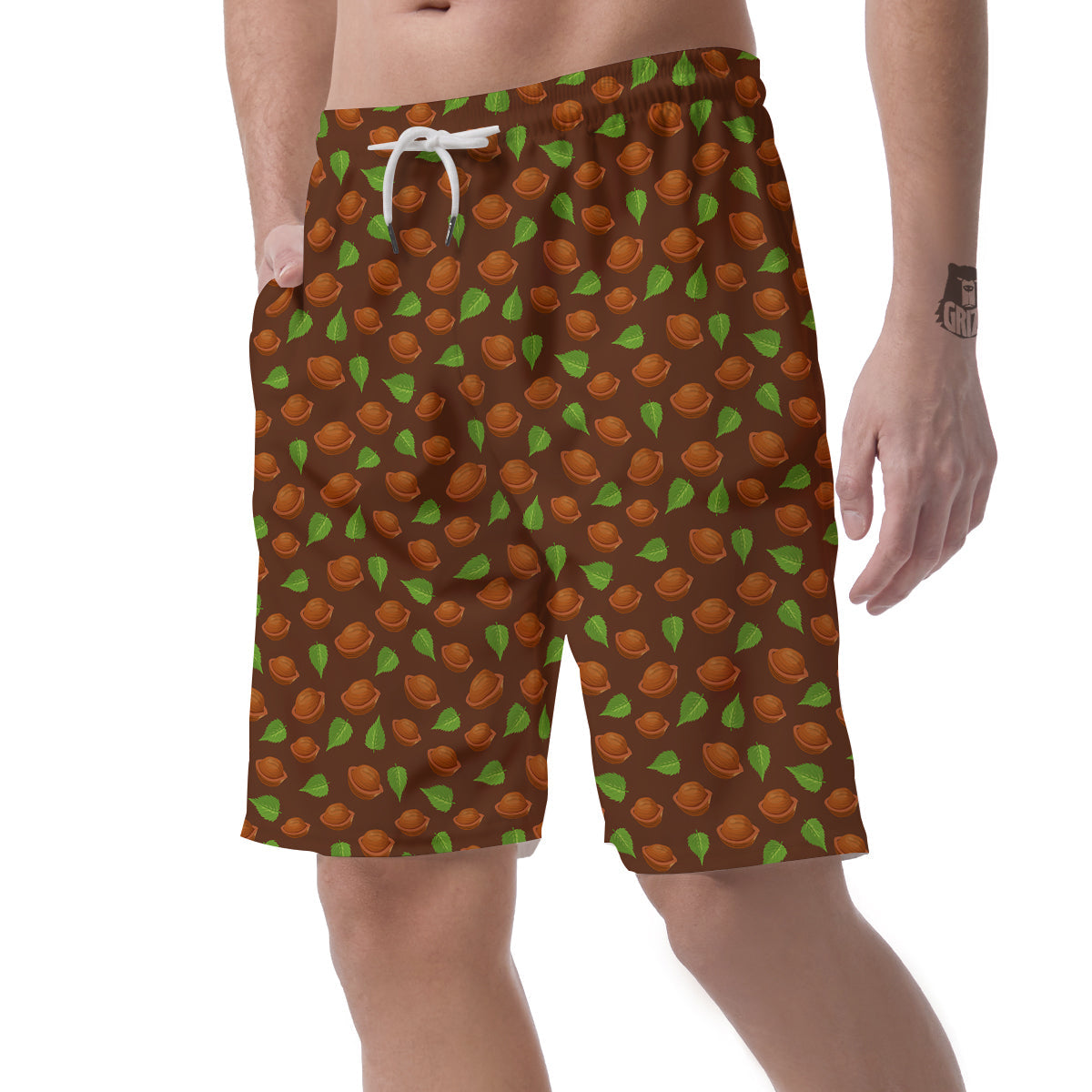 Brown Hazelnuts And Green Leaf Print Pattern Men's Shorts-grizzshop