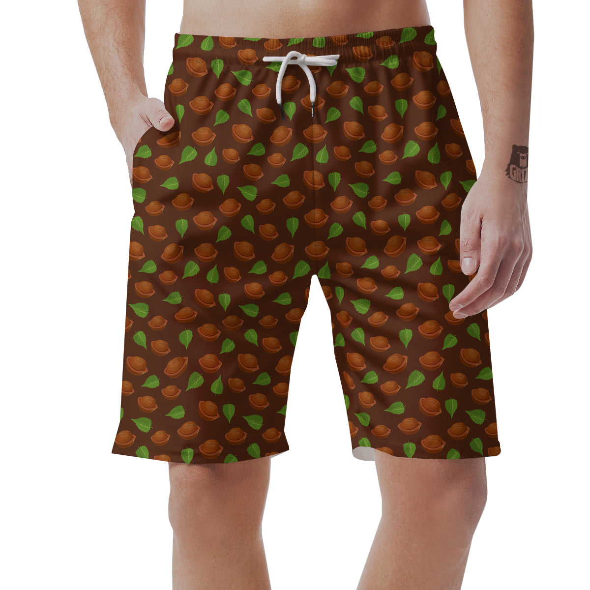 Brown Hazelnuts And Green Leaf Print Pattern Men's Shorts-grizzshop