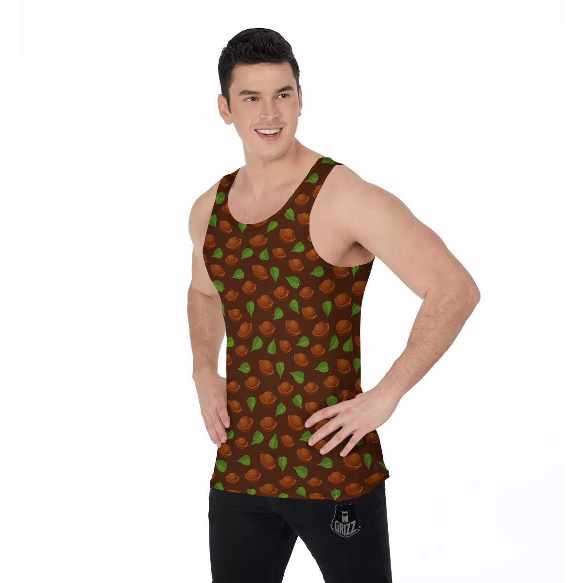 Brown Hazelnuts And Green Leaf Print Pattern Men's Tank Top-grizzshop