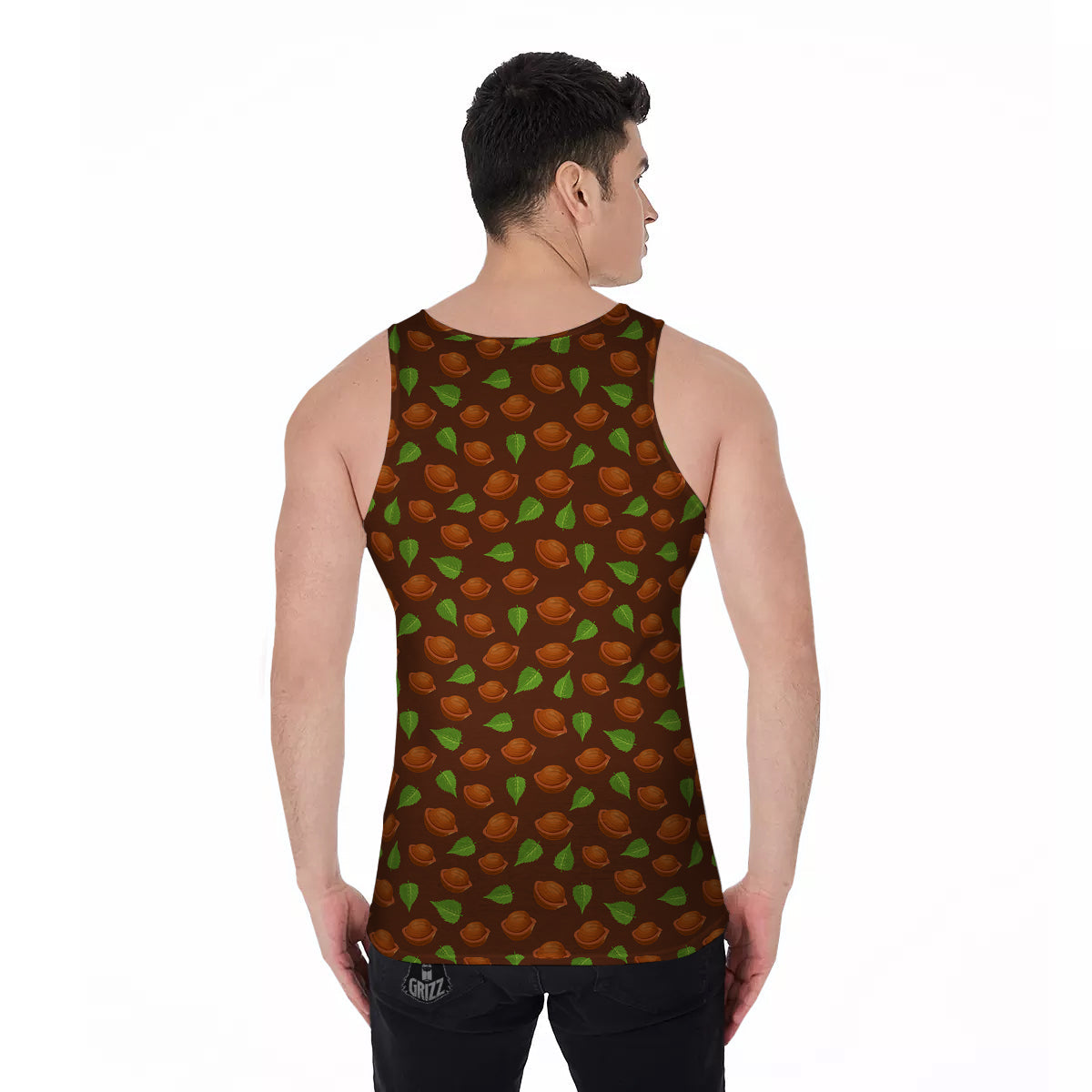 Brown Hazelnuts And Green Leaf Print Pattern Men's Tank Top-grizzshop