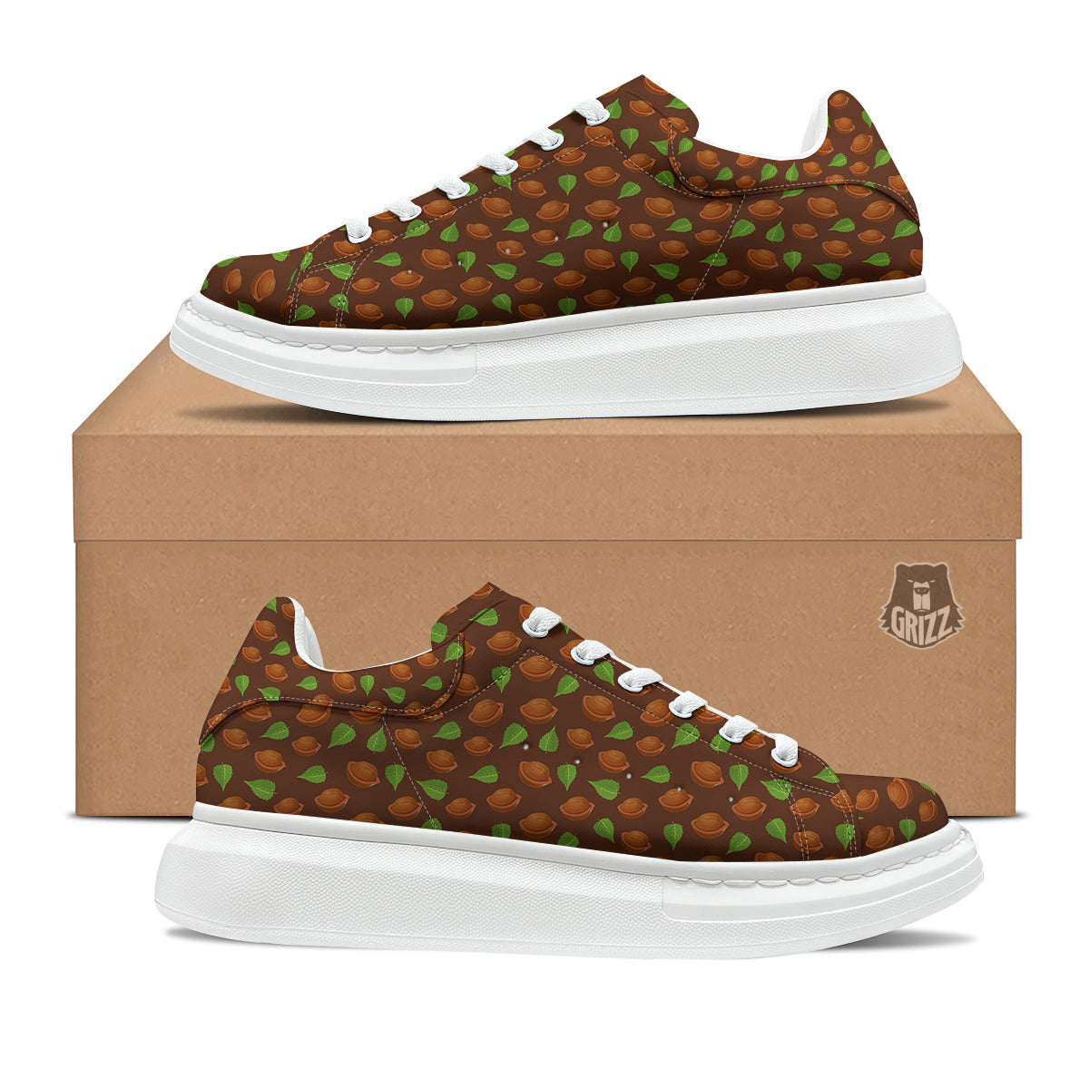 Brown Hazelnuts And Green Leaf Print Pattern Platform Shoes-grizzshop