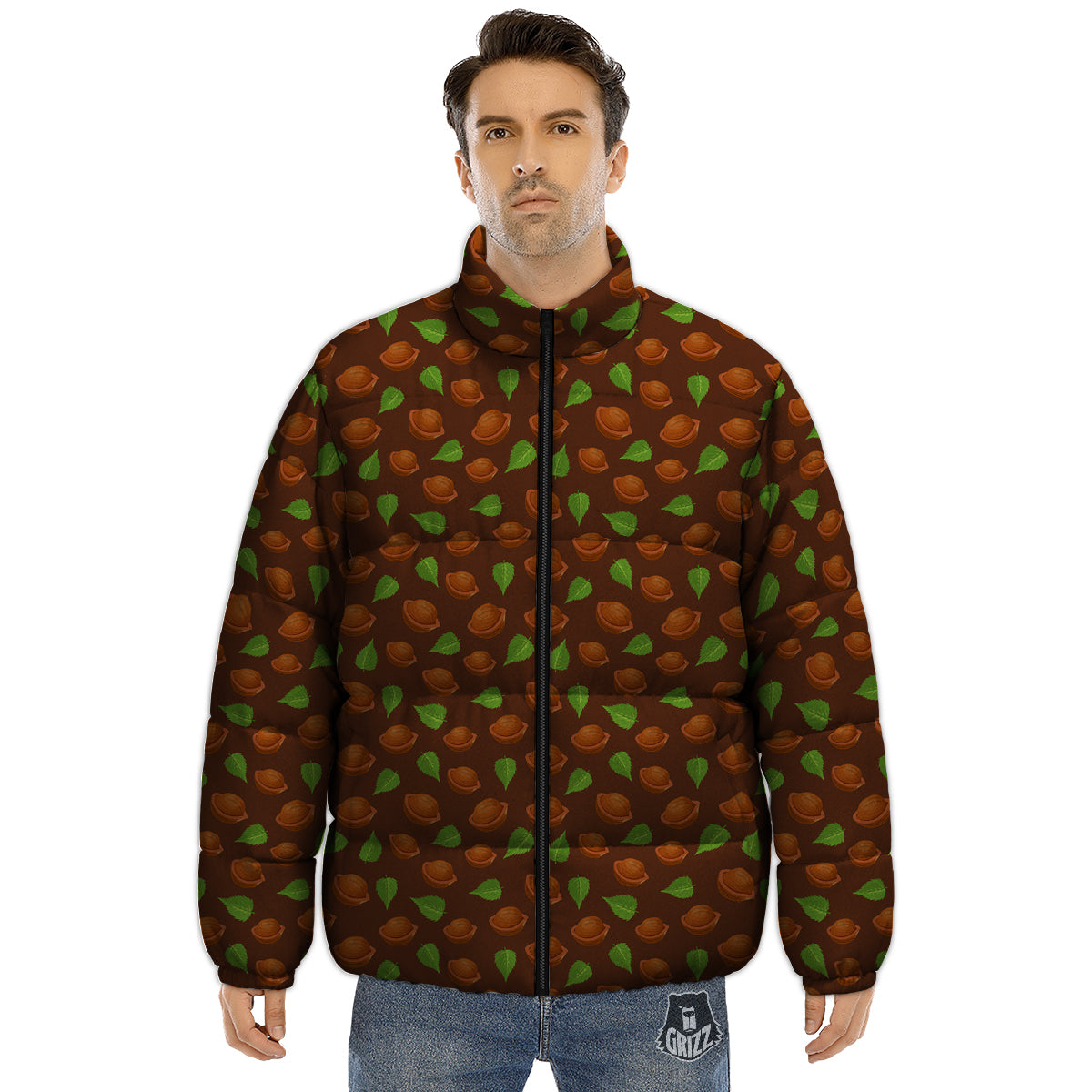 Brown Hazelnuts And Green Leaf Print Pattern Puffer Jacket-grizzshop