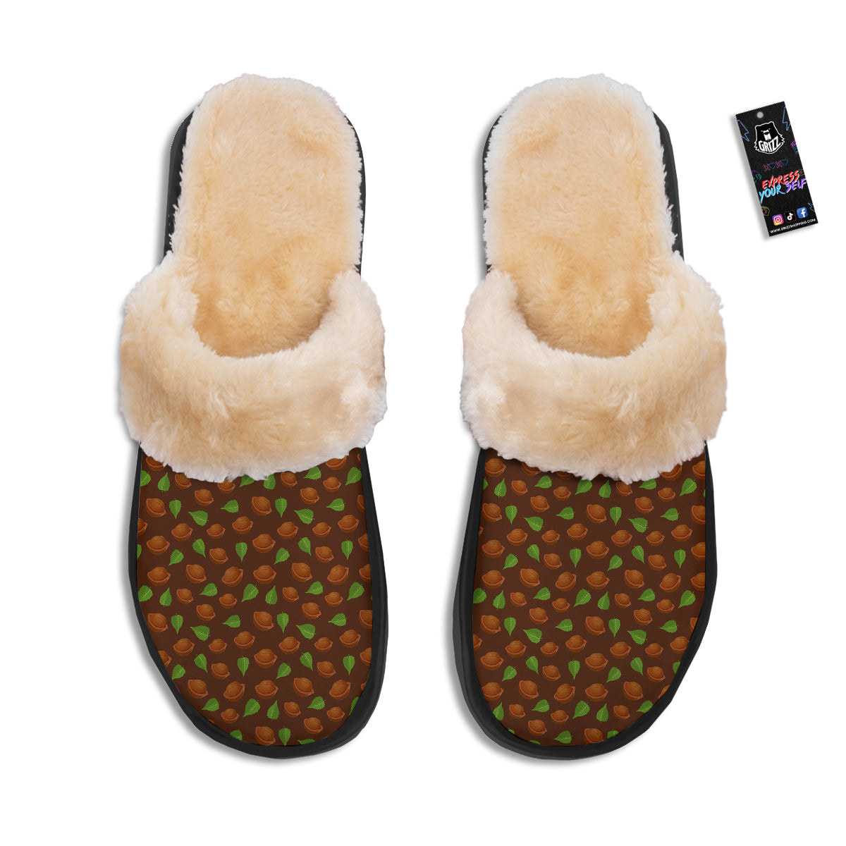 Brown Hazelnuts And Green Leaf Print Pattern Slippers-grizzshop