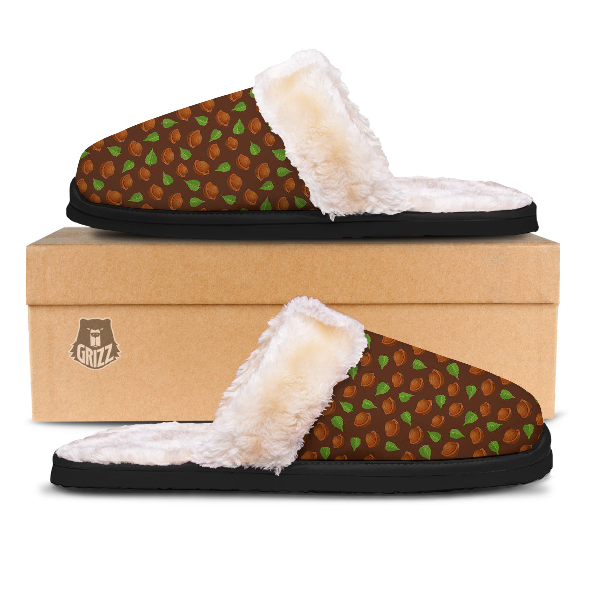 Brown Hazelnuts And Green Leaf Print Pattern Slippers-grizzshop