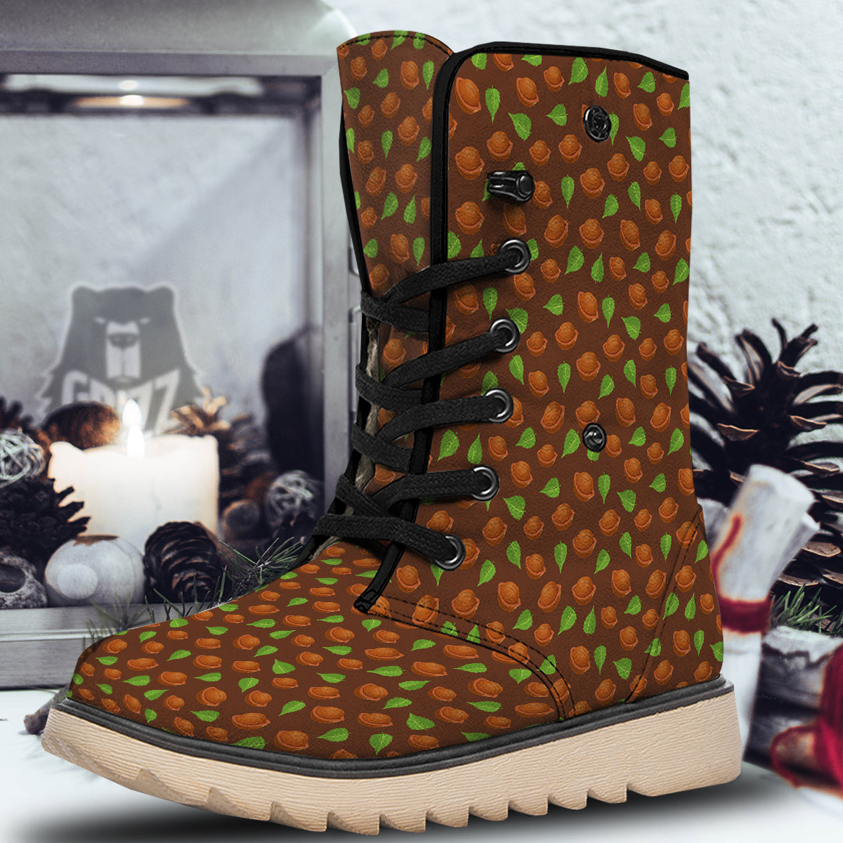 Brown Hazelnuts And Green Leaf Print Pattern Snow Boots-grizzshop
