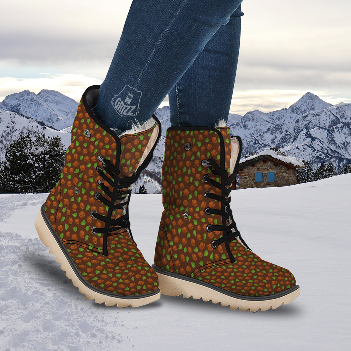 Brown Hazelnuts And Green Leaf Print Pattern Snow Boots-grizzshop