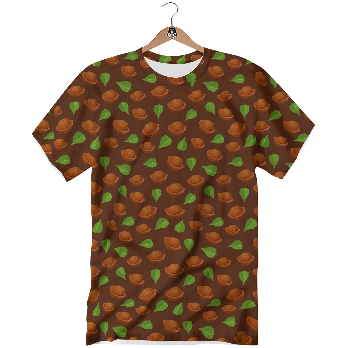 Brown Hazelnuts And Green Leaf Print Pattern T-Shirt-grizzshop