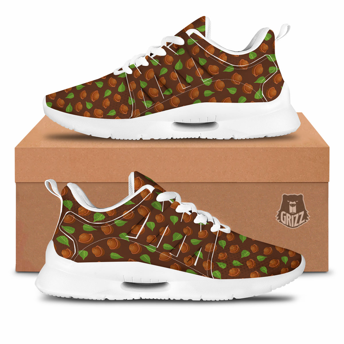 Brown Hazelnuts And Green Leaf Print Pattern Tennis Shoes-grizzshop