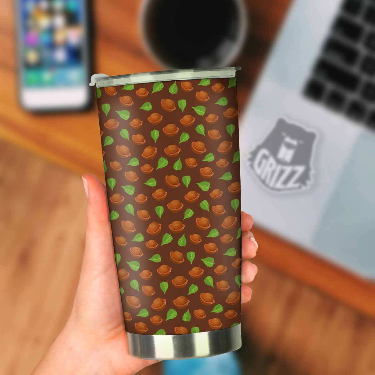 Brown Hazelnuts And Green Leaf Print Pattern Tumbler-grizzshop