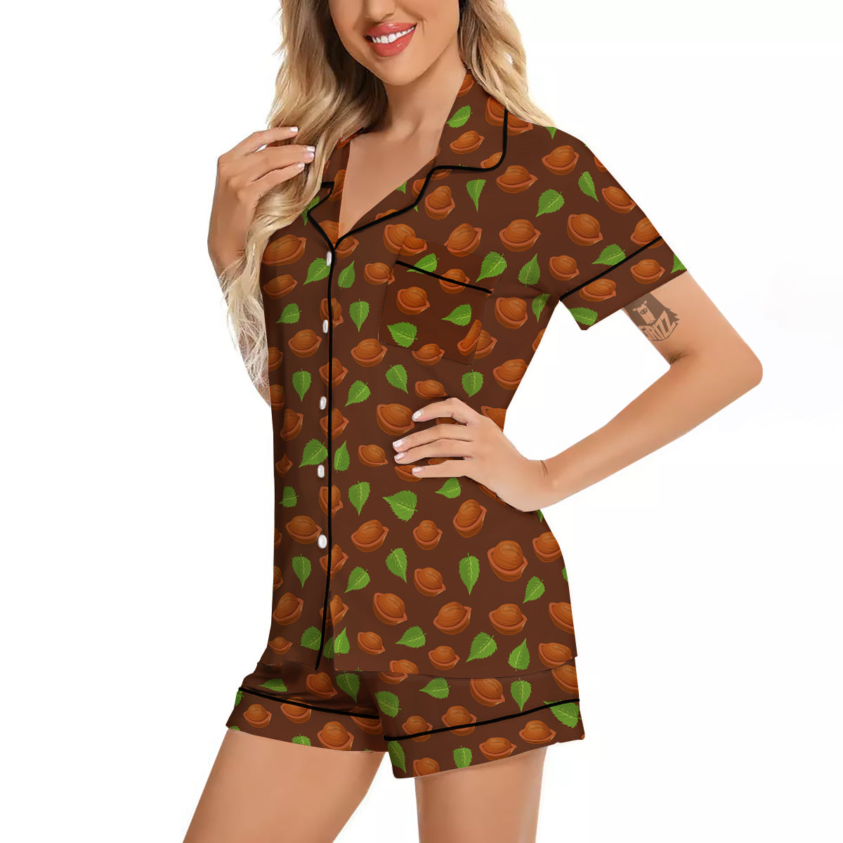 Brown Hazelnuts And Green Leaf Print Pattern Women Silk Pajamas-grizzshop