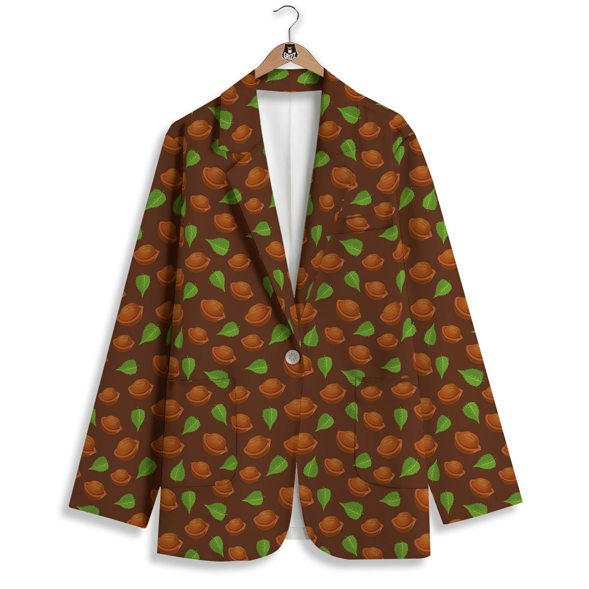 Brown Hazelnuts And Green Leaf Print Pattern Women's Blazer-grizzshop
