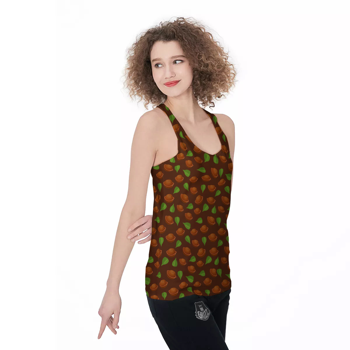 Brown Hazelnuts And Green Leaf Print Pattern Women's Racerback Tank Top-grizzshop