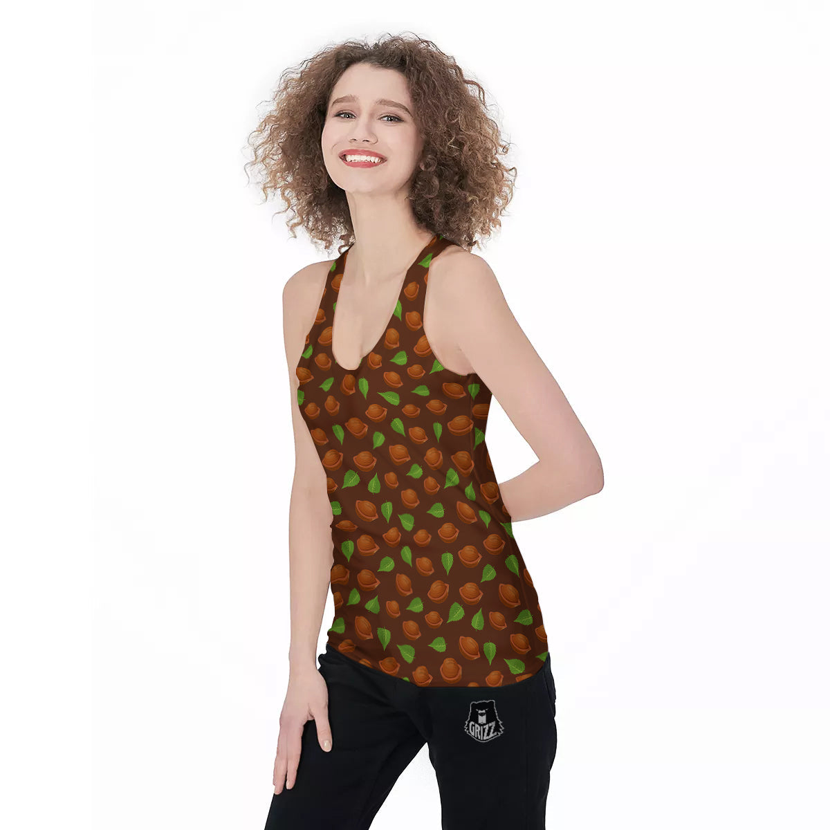 Brown Hazelnuts And Green Leaf Print Pattern Women's Racerback Tank Top-grizzshop