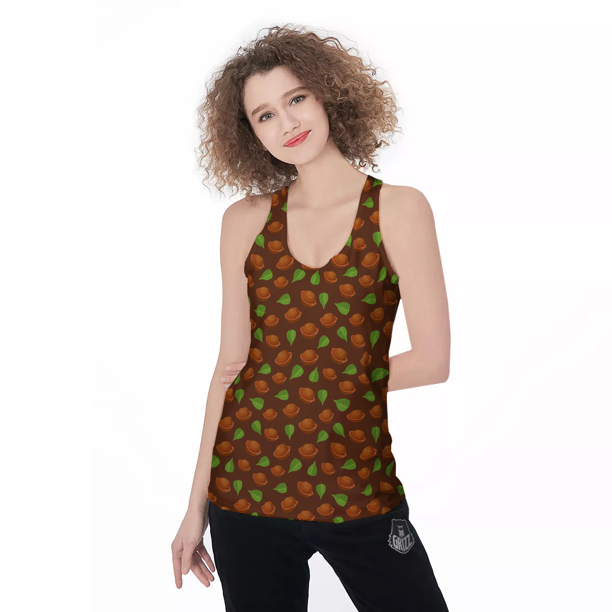 Brown Hazelnuts And Green Leaf Print Pattern Women's Racerback Tank Top-grizzshop