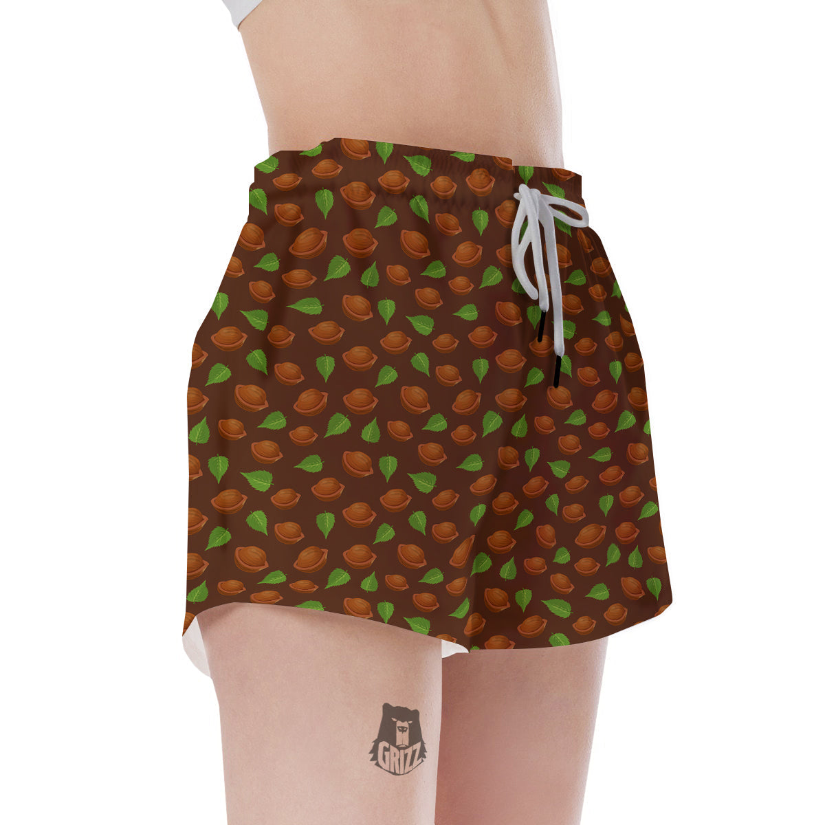 Brown Hazelnuts And Green Leaf Print Pattern Women's Shorts-grizzshop