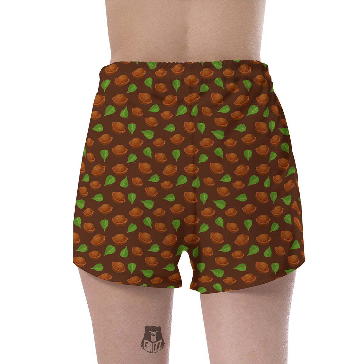 Brown Hazelnuts And Green Leaf Print Pattern Women's Shorts-grizzshop