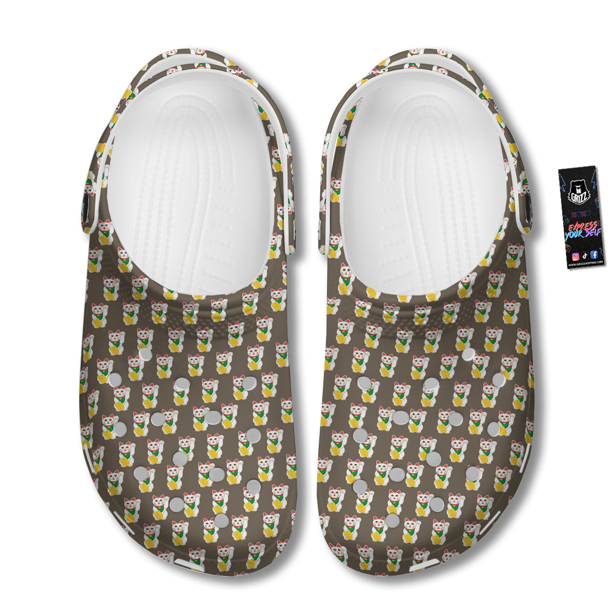 Brown Lucky Cat Print Pattern Clog-grizzshop