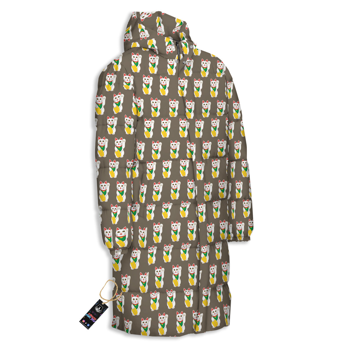 Brown Lucky Cat Print Pattern Long Down Jacket-grizzshop