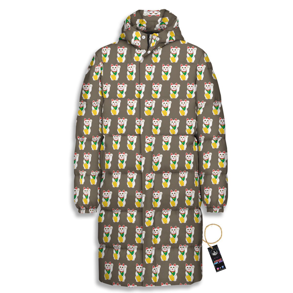 Brown Lucky Cat Print Pattern Long Down Jacket-grizzshop