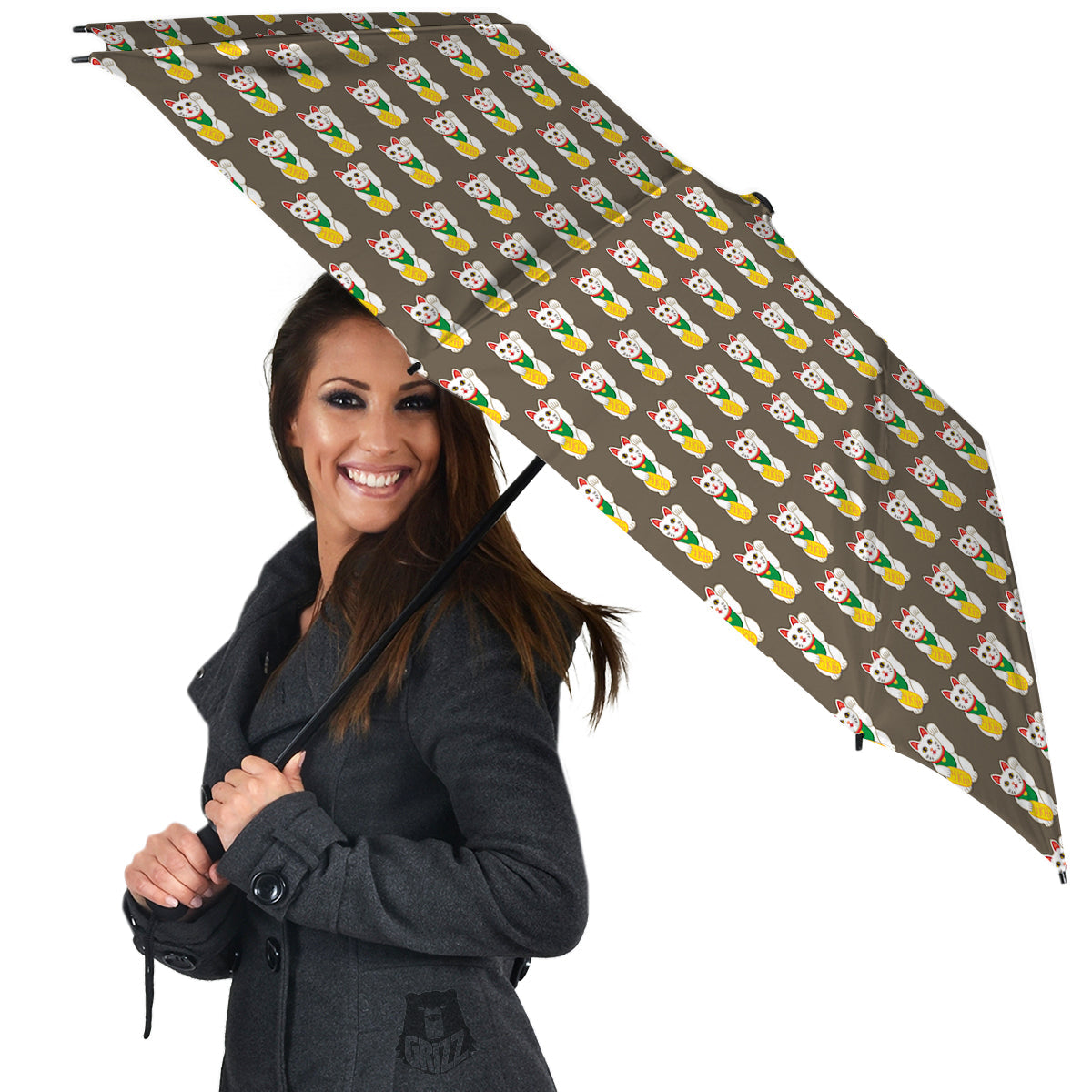 Brown Lucky Cat Print Pattern Umbrella-grizzshop