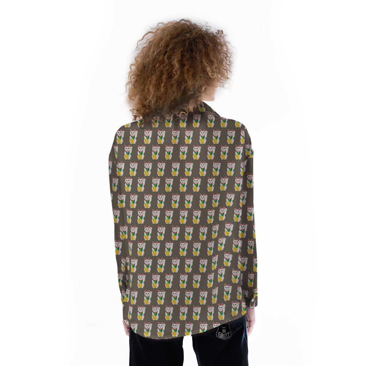 Brown Lucky Cat Print Pattern Women's Long Sleeve Shirts-grizzshop