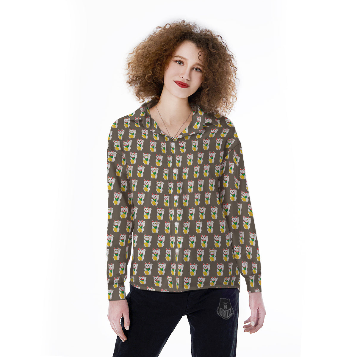 Brown Lucky Cat Print Pattern Women's Long Sleeve Shirts-grizzshop