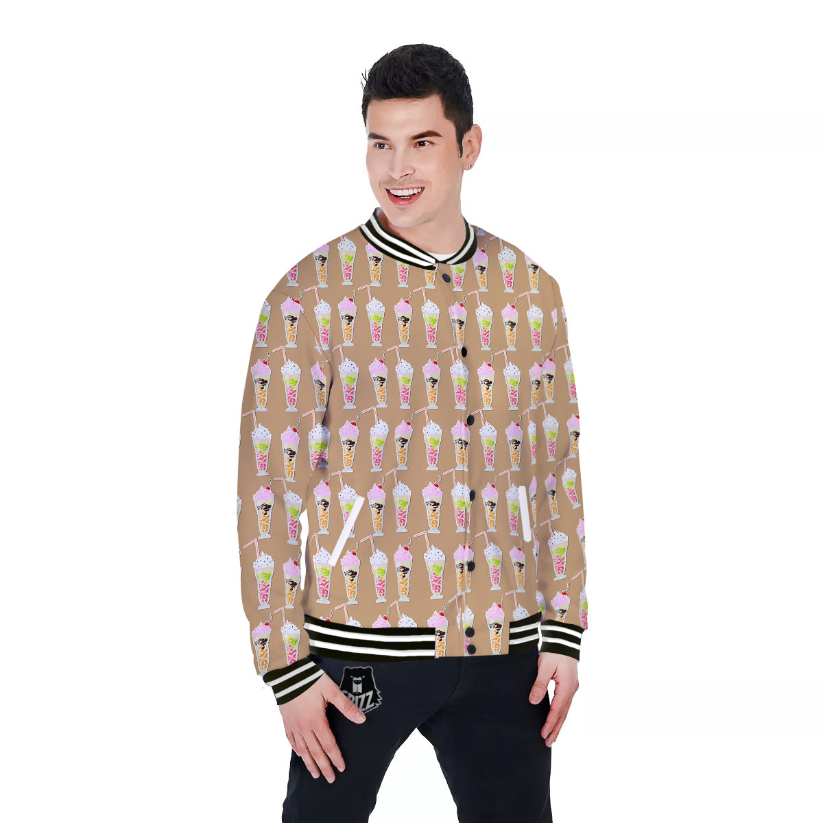 Brown Milkshake Print Pattern Baseball Jacket-grizzshop