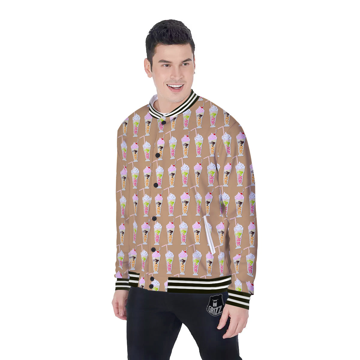 Brown Milkshake Print Pattern Baseball Jacket-grizzshop