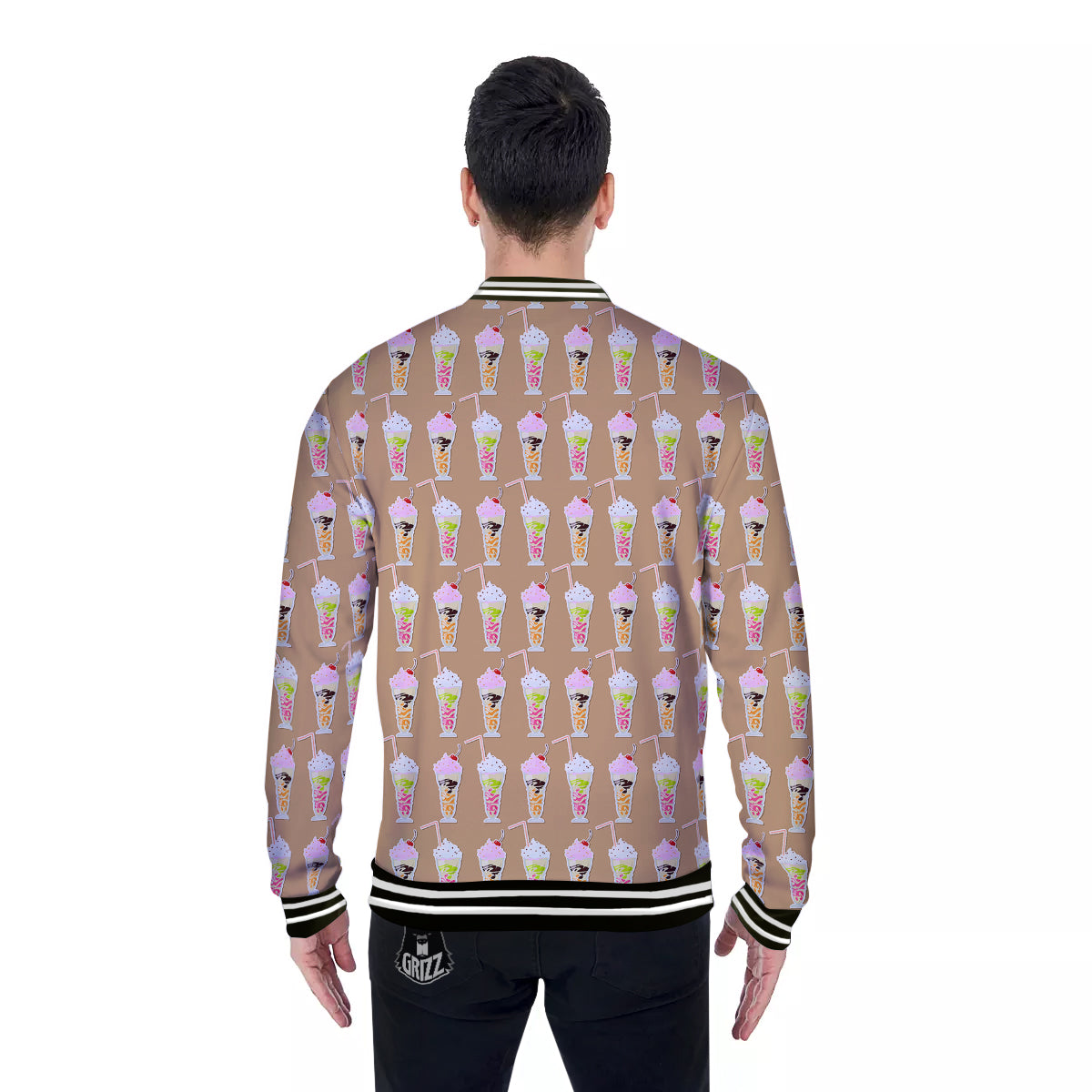 Brown Milkshake Print Pattern Baseball Jacket-grizzshop