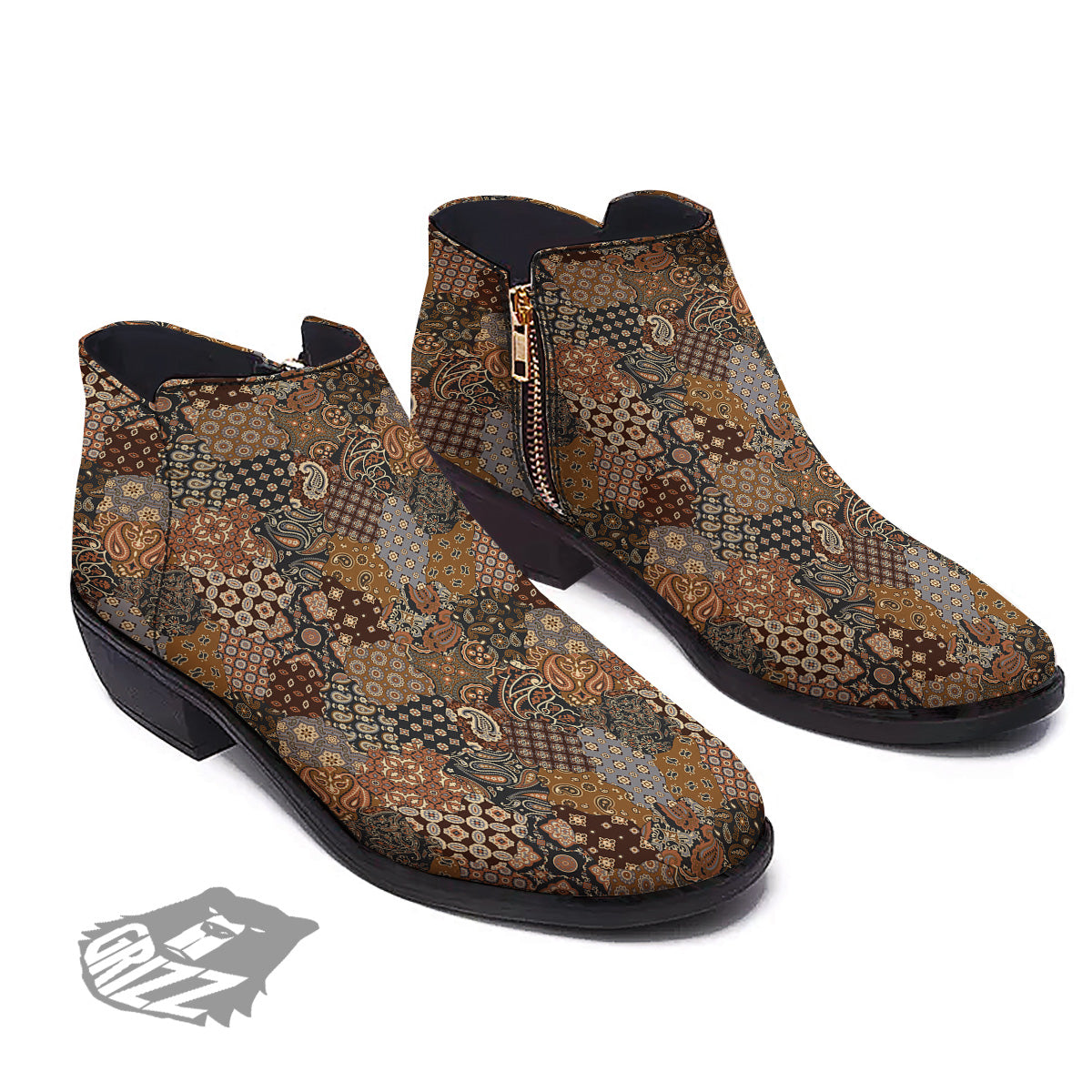 Brown Patchwork Paisley Print Pattern Ankle Boots-grizzshop