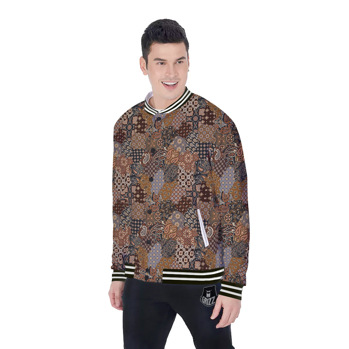 Brown Patchwork Paisley Print Pattern Baseball Jacket-grizzshop