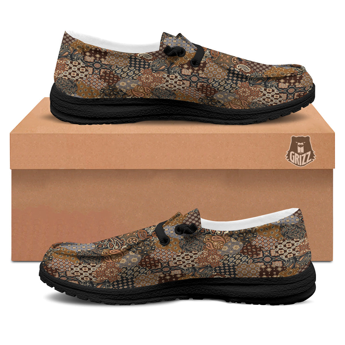 Brown Patchwork Paisley Print Pattern Black Loafers-grizzshop