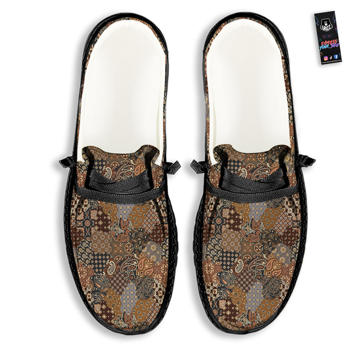 Brown Patchwork Paisley Print Pattern Black Loafers-grizzshop