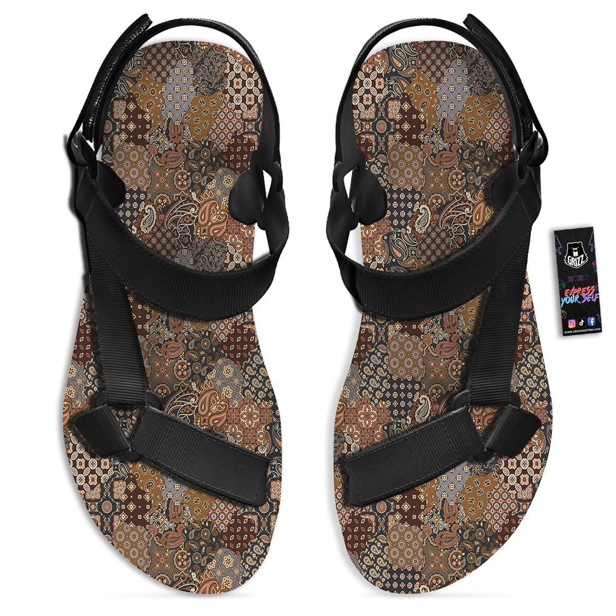 Brown Patchwork Paisley Print Pattern Black Open Toe Sandals-grizzshop