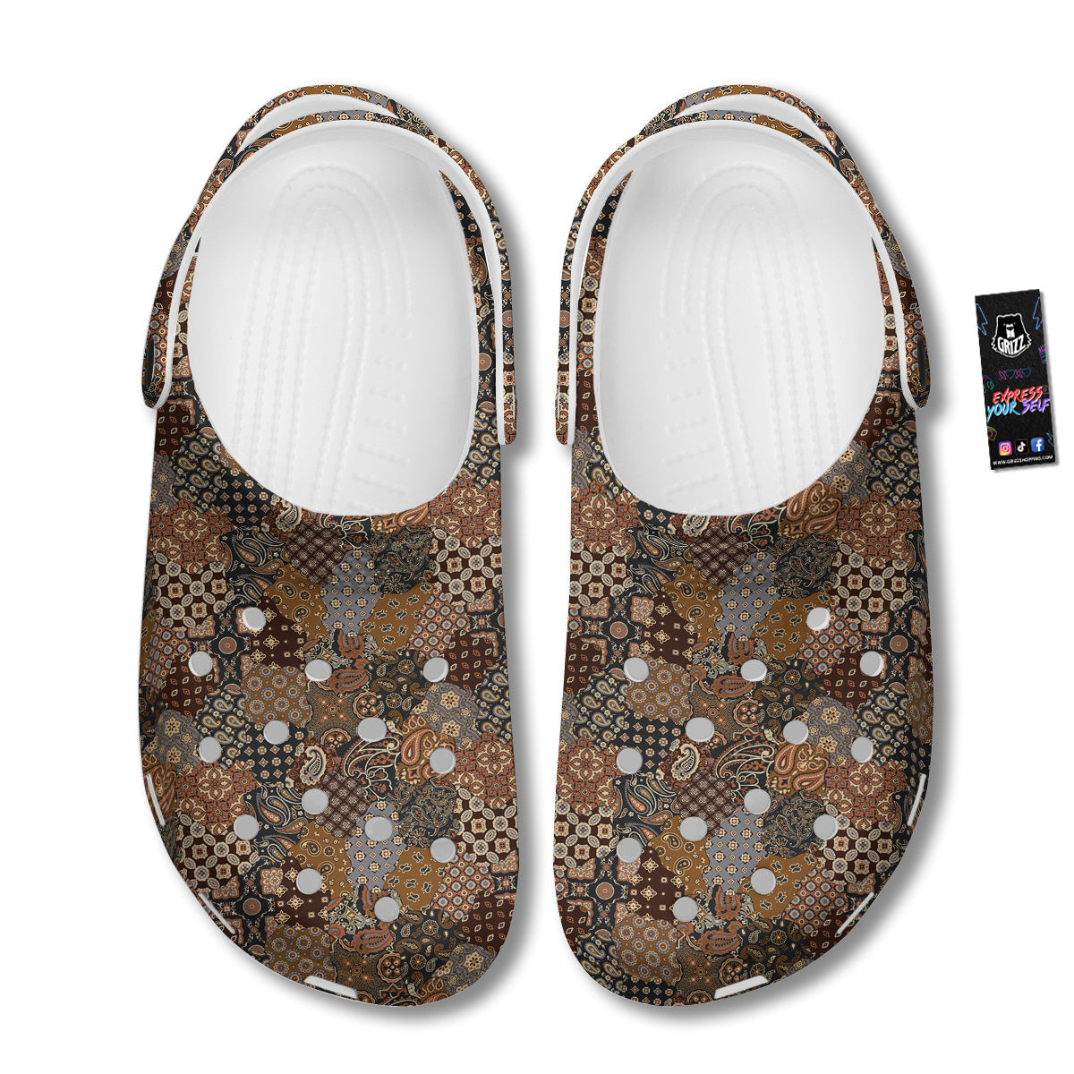 Brown Patchwork Paisley Print Pattern Clog-grizzshop