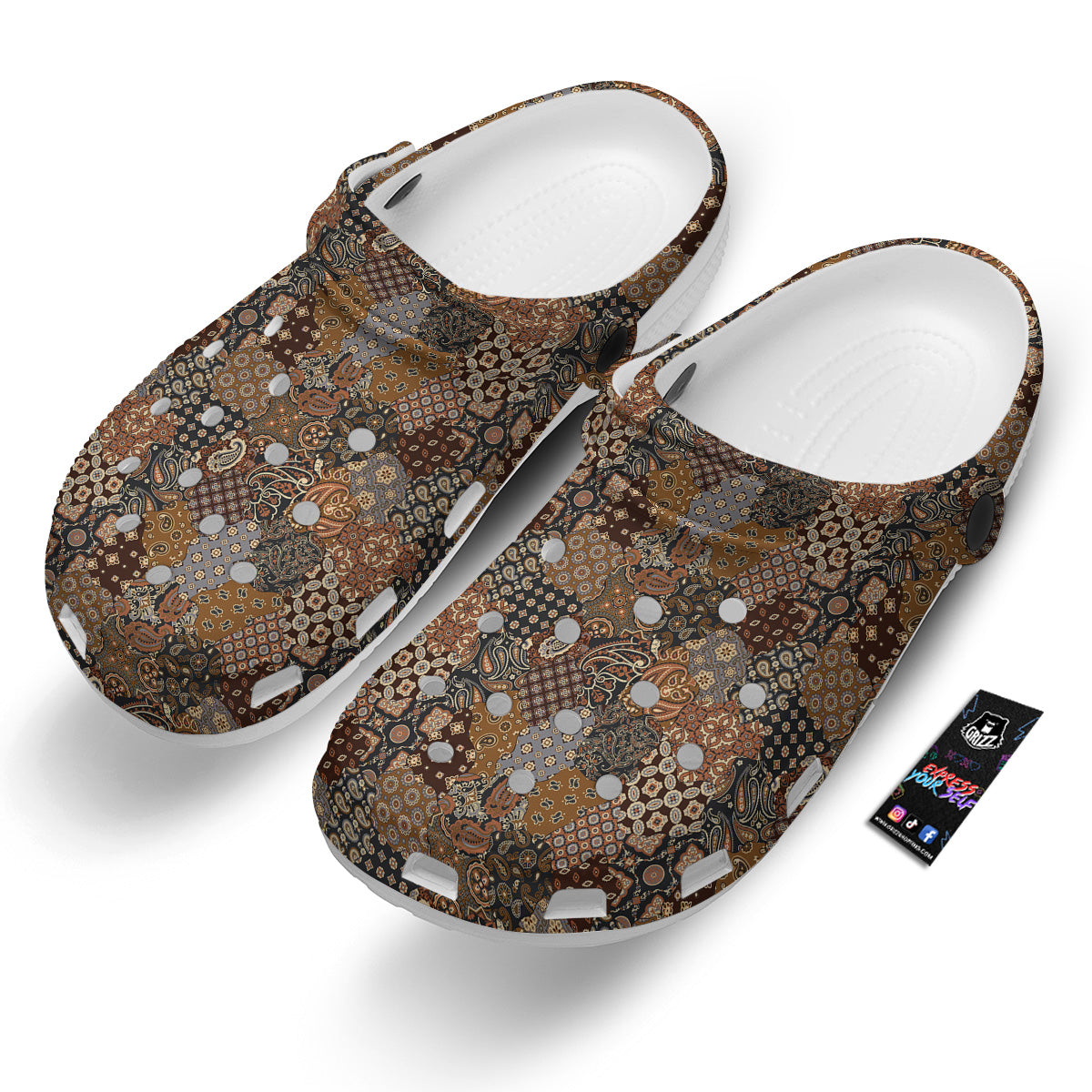 Brown Patchwork Paisley Print Pattern Clog-grizzshop
