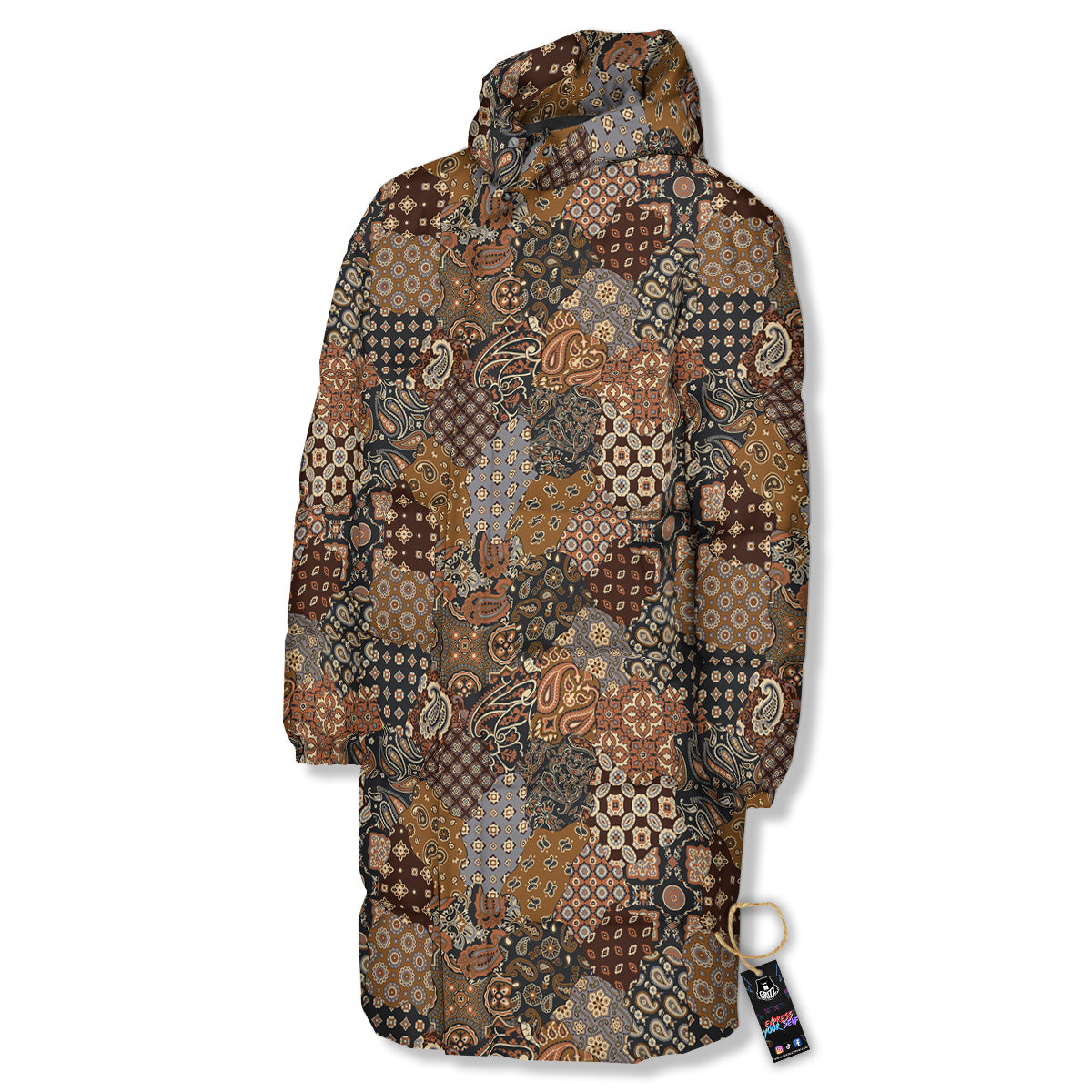 Brown Patchwork Paisley Print Pattern Long Down Jacket-grizzshop