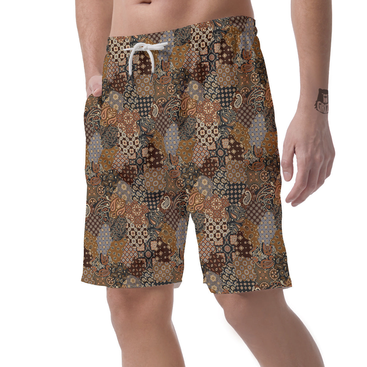 Brown Patchwork Paisley Print Pattern Men's Shorts-grizzshop