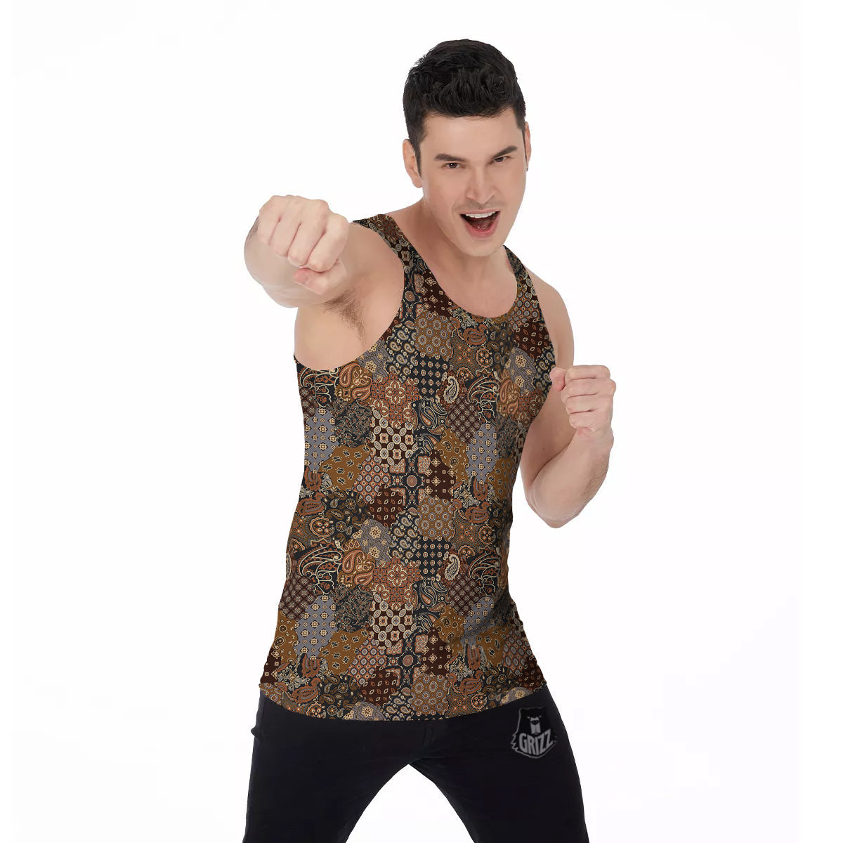 Brown Patchwork Paisley Print Pattern Men's Tank Top-grizzshop