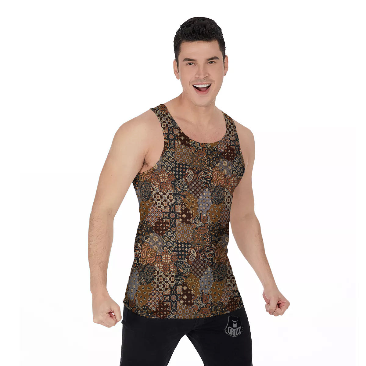 Brown Patchwork Paisley Print Pattern Men's Tank Top-grizzshop