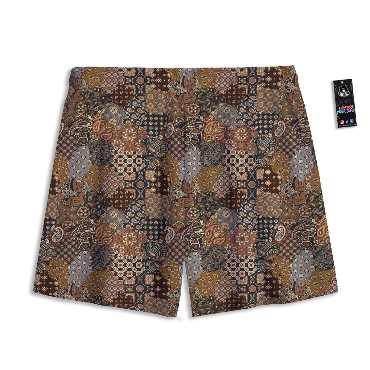 Brown Patchwork Paisley Print Pattern Mesh Shorts-grizzshop