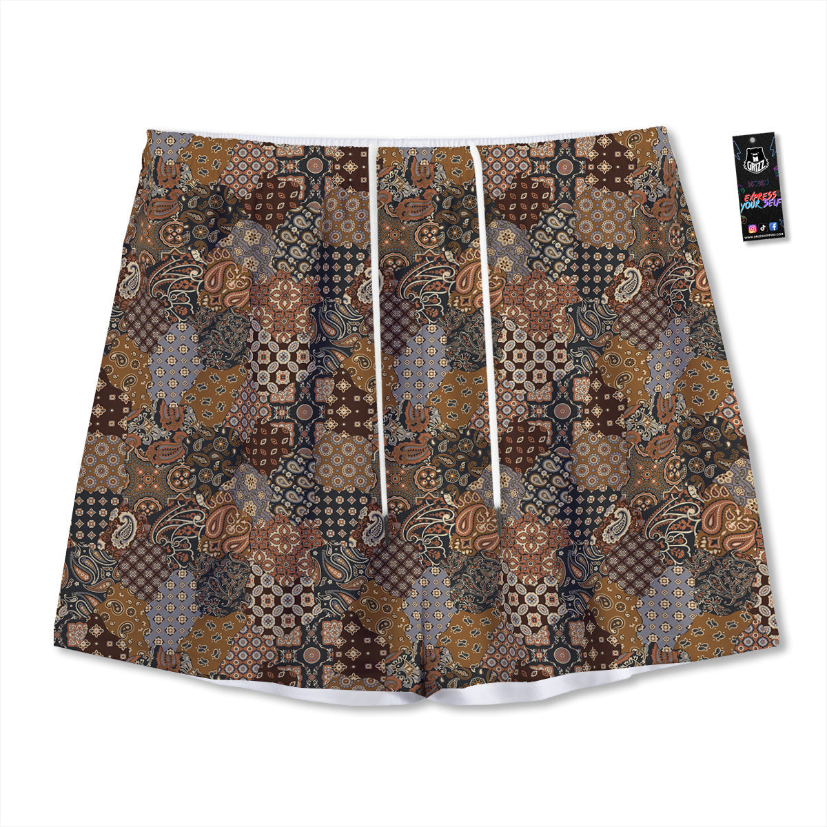 Brown Patchwork Paisley Print Pattern Mesh Shorts-grizzshop