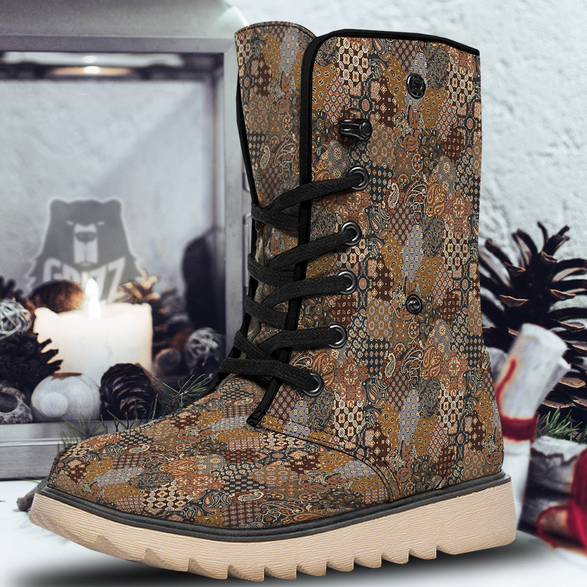 Brown Patchwork Paisley Print Pattern Snow Boots-grizzshop