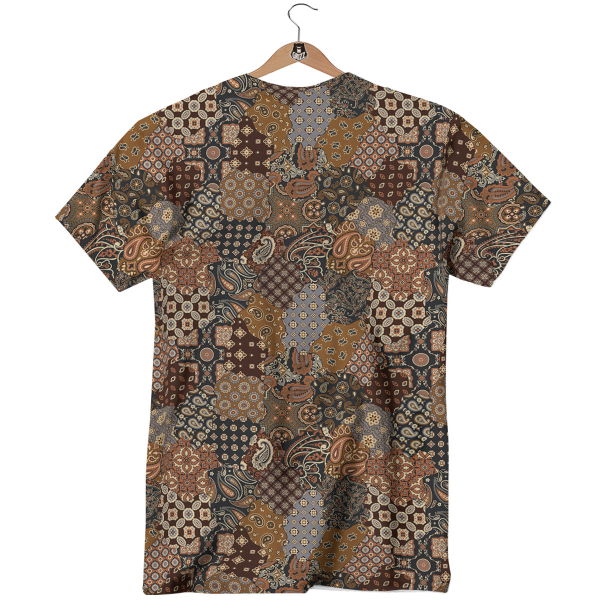 Brown Patchwork Paisley Print Pattern T-Shirt-grizzshop