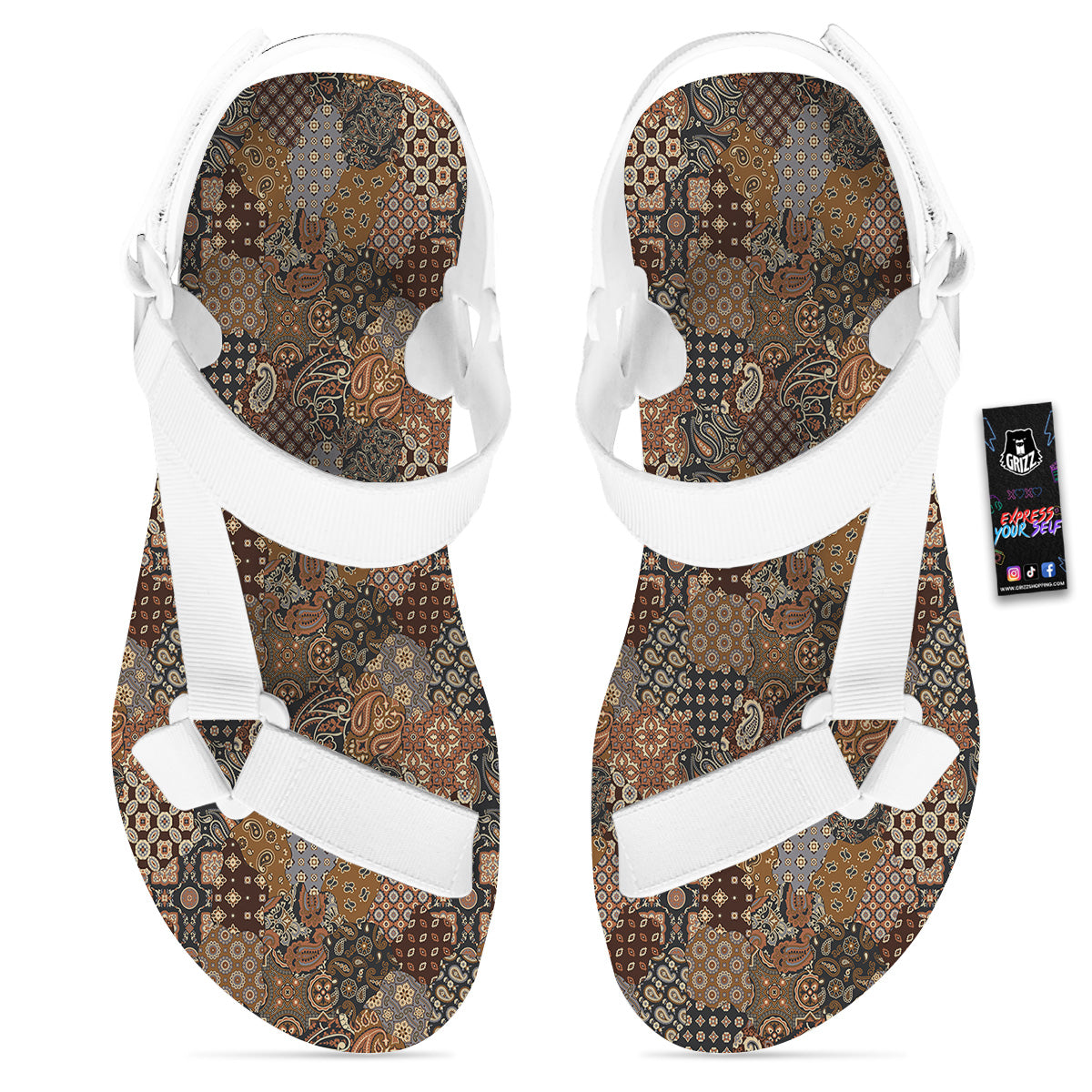 Brown Patchwork Paisley Print Pattern White Open Toe Sandals-grizzshop