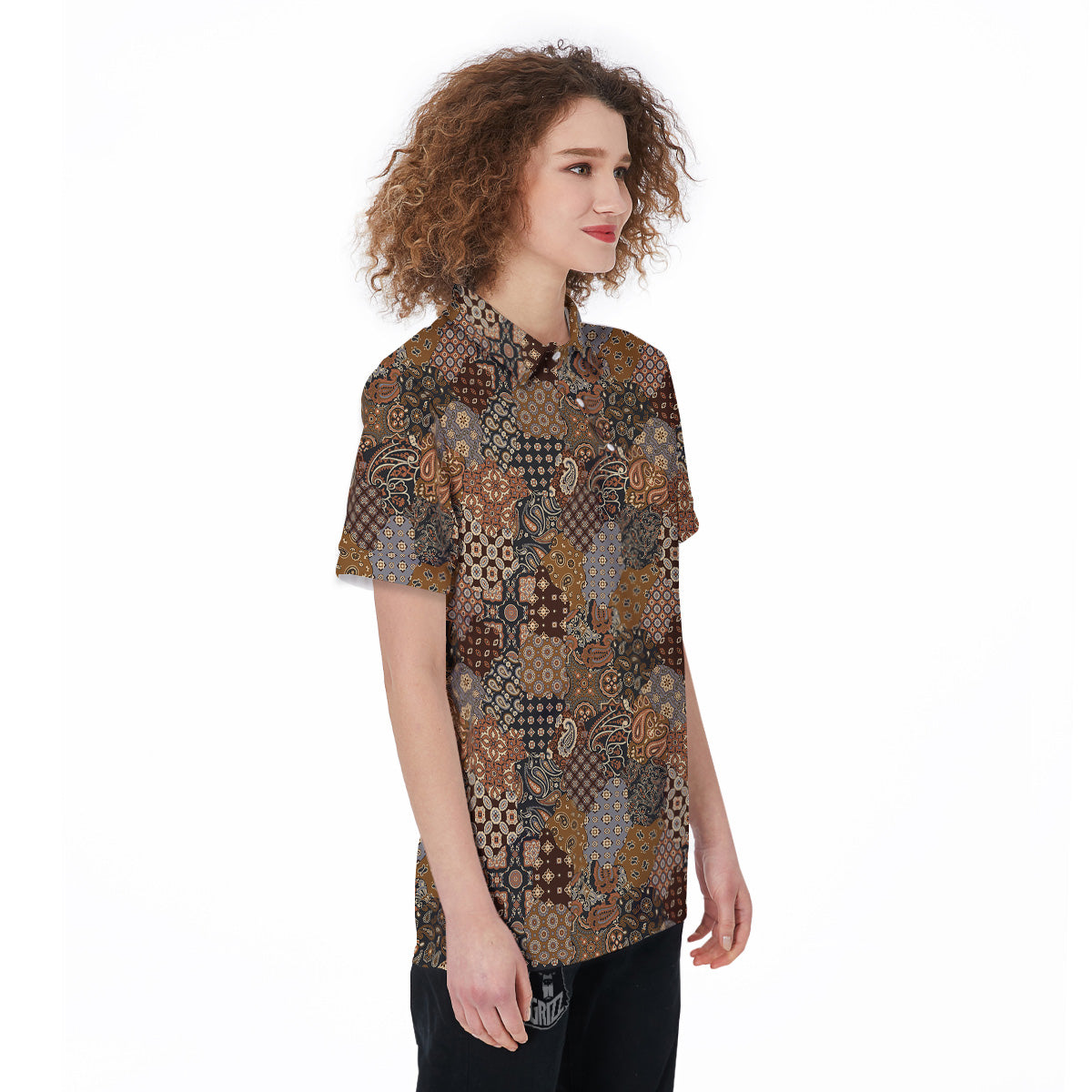 Brown Patchwork Paisley Print Pattern Women's Golf Shirts-grizzshop