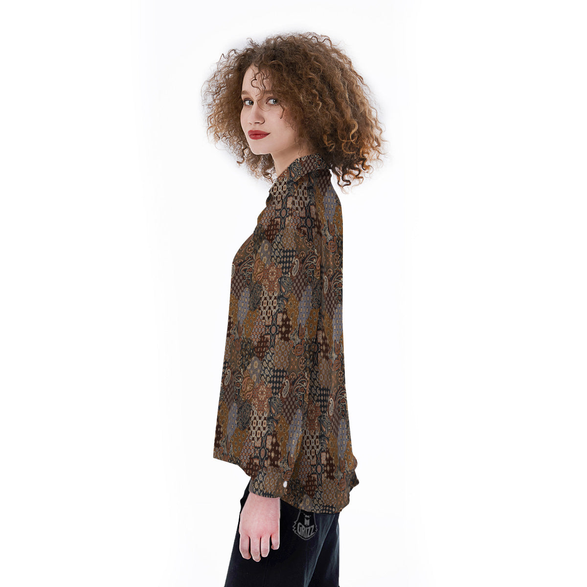 Brown Patchwork Paisley Print Pattern Women's Long Sleeve Shirts-grizzshop