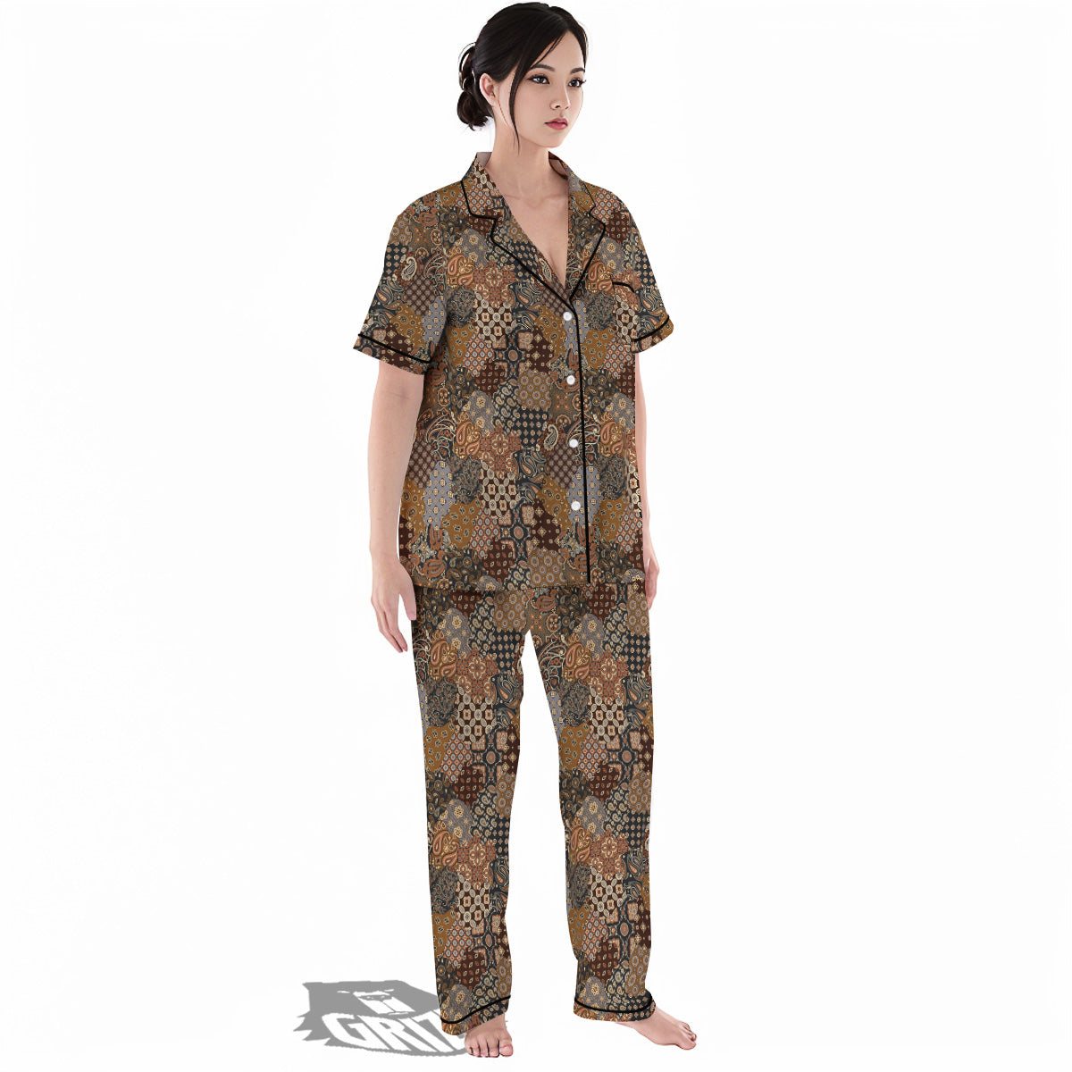 Brown Patchwork Paisley Print Pattern Women's Pajamas Set-grizzshop
