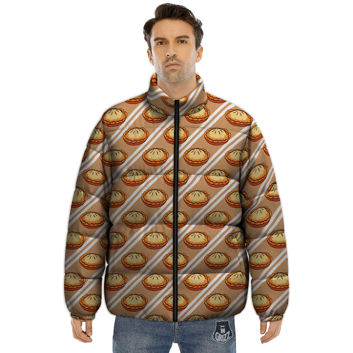 Brown Pie Crumble Print Pattern Puffer Jacket-grizzshop